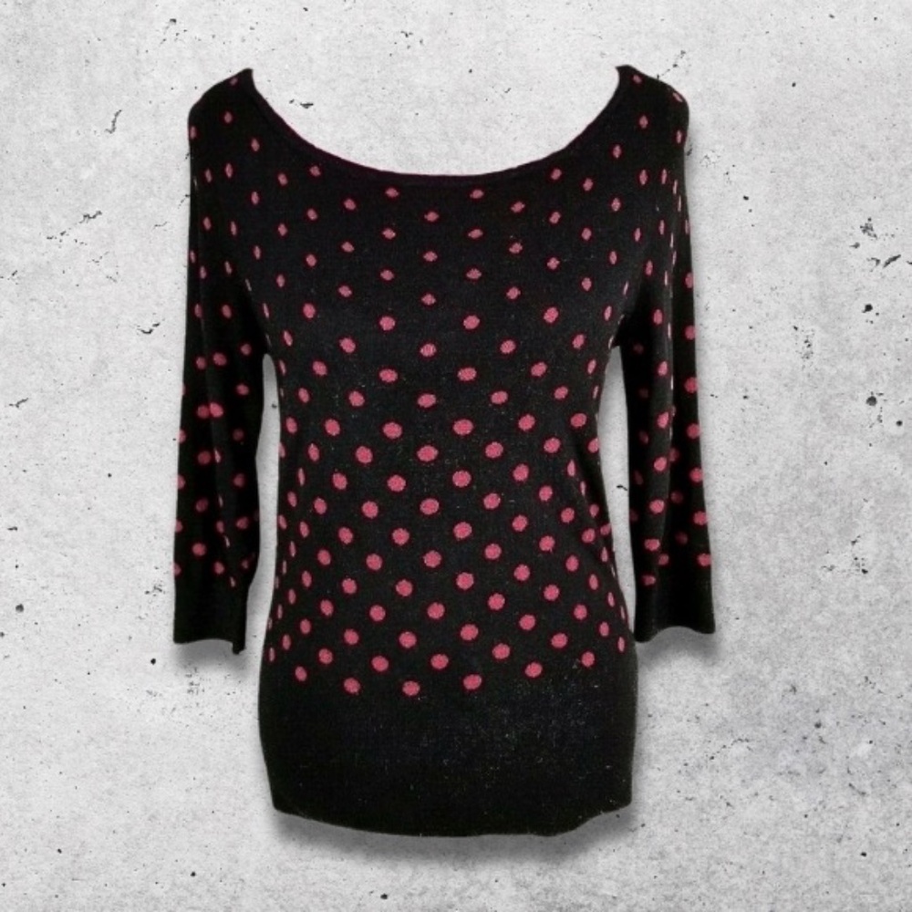 White House Black Market Polka Dot‎ Sweater Scoop 3/4 Sleeves Knit Black/Red W S